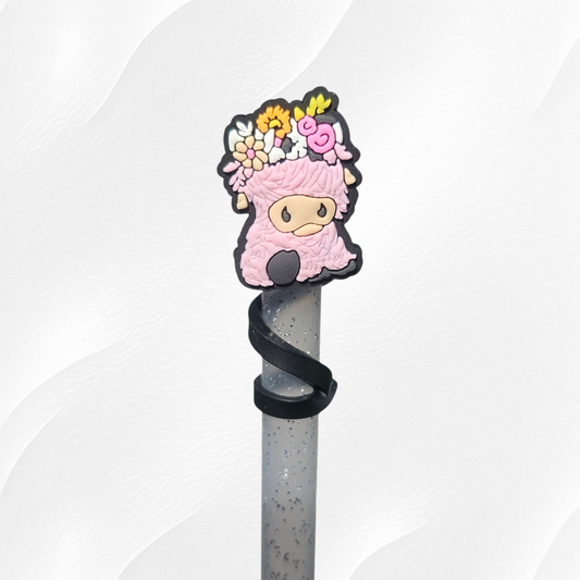 Pink girl Highland Cow Straw Topper