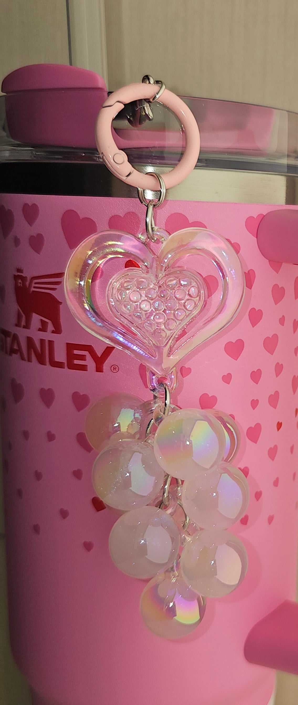 Iridescent Pearlescent Pearl Pink Heart and Jelly Beaded Charm Pendant. Use as tumbler straw charm, purse charm, bag charm, backpack charm, cellphone charm, or keychain charm. 