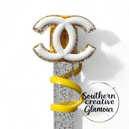 Chanel " CC " Gold Glitter & White Fashion 2D Silicone 10mm Straw Topper by Southern Creative Glamour 