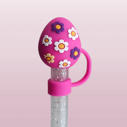 Pink Easter Egg with purple, white, and yellow daisy flowers 3D Silicone Straw Topper  - Straw Cover. Fits 10mm and Stanley Straws. 