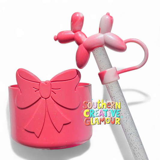 Hot Coral Shimmer Balloon Dog Straw Topper and Matching Princess Bow Silicone Tumbler Boot by Southern Creative Glamour. 