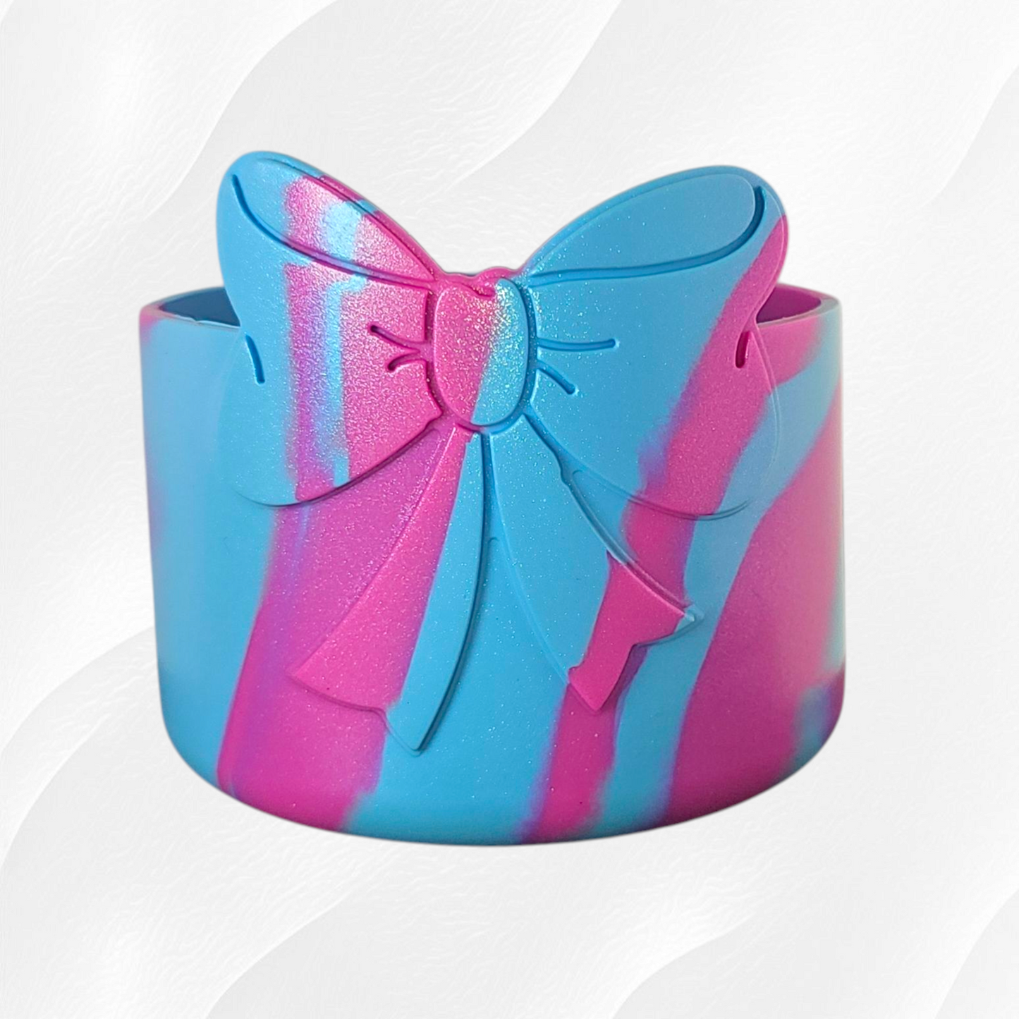 Hot Pink and pool Blue Shimmer bow silicone tumbler boot. 