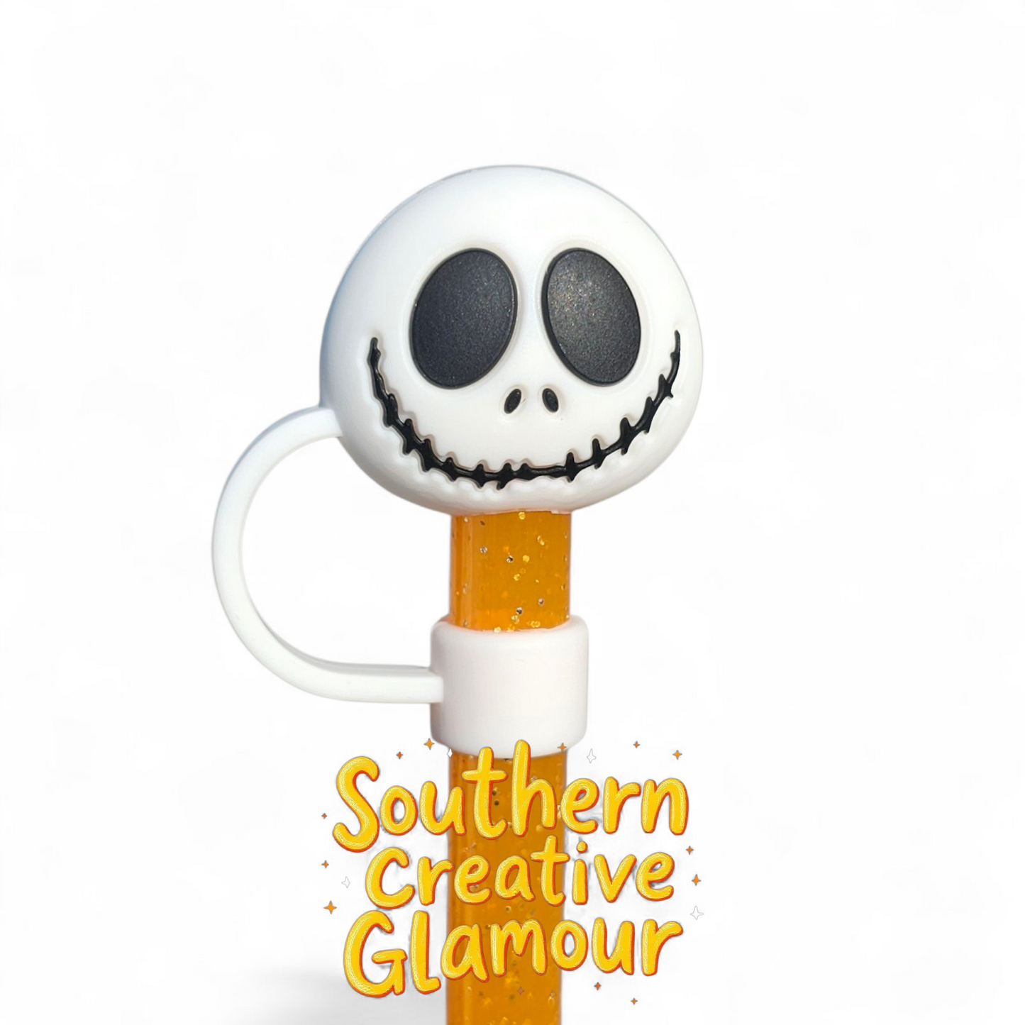 White and Black spooky Halloween Skull 3D Silicone 10mm Straw Topper by Southern Creative Glamour 