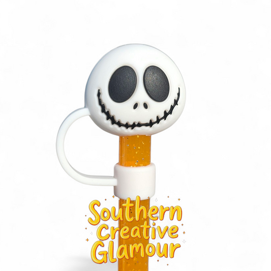 White and Black spooky Halloween Skull 3D Silicone 10mm Straw Topper by Southern Creative Glamour 