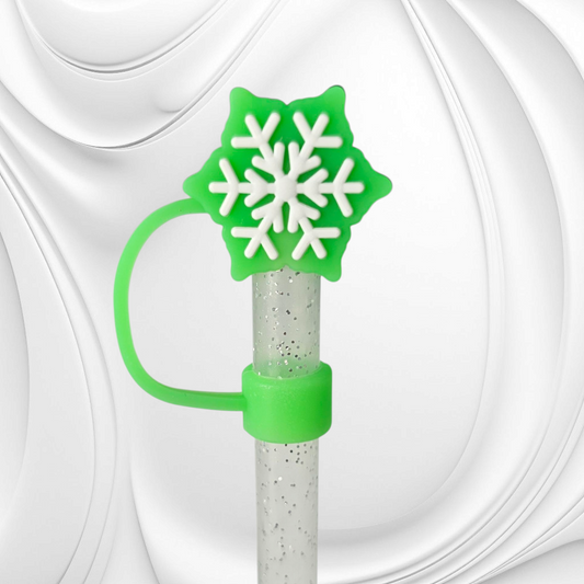 Grinch Green and White Snowflake 3D Silicone Straw Topper. 