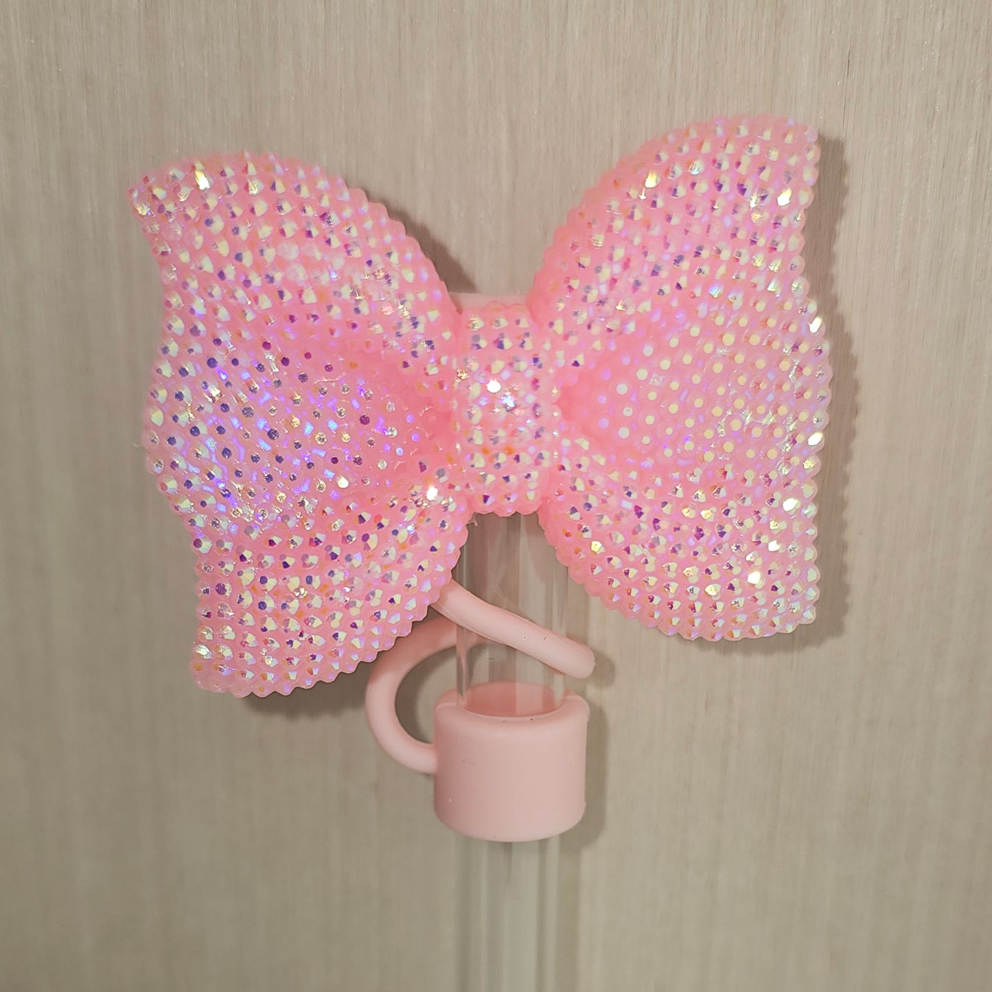 Ribbon Bow Glitter Straw Topper - Blush Pink