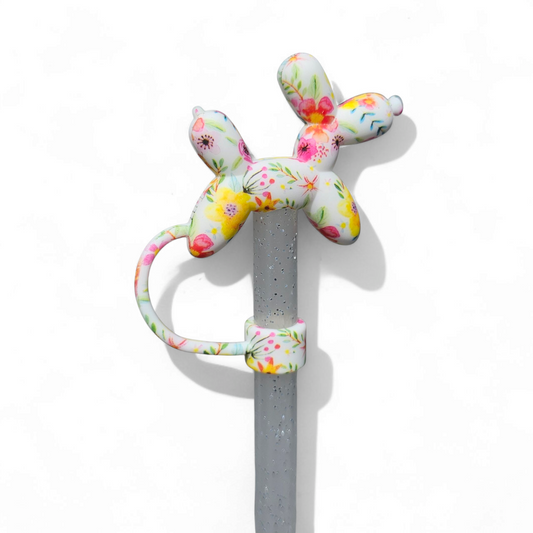 Pink and Yellow Flowers Balloon Dog 3D Silicone Straw Topper