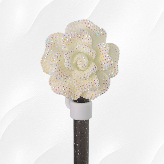 White Rose Flower Glitter Silicone Straw Topper - Straw Cover. Fits 10mm and Stanley Straws. 