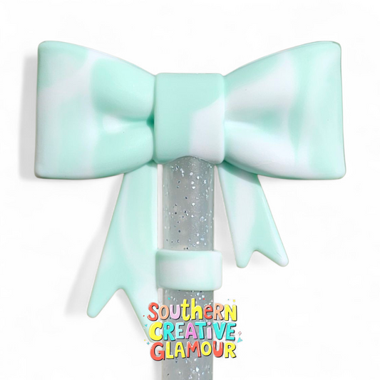 Mint Green and White Swirl 3D Bow Silicone 10mm Straw Topper by Southern Creative Glamour 