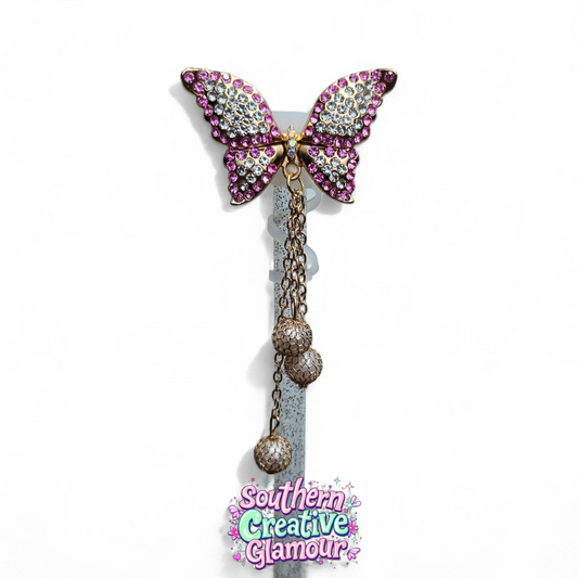 Pearl Purple Diamond Butterfly Straw Topper | 10mm Straw Cover by Southern Creative Glamour 