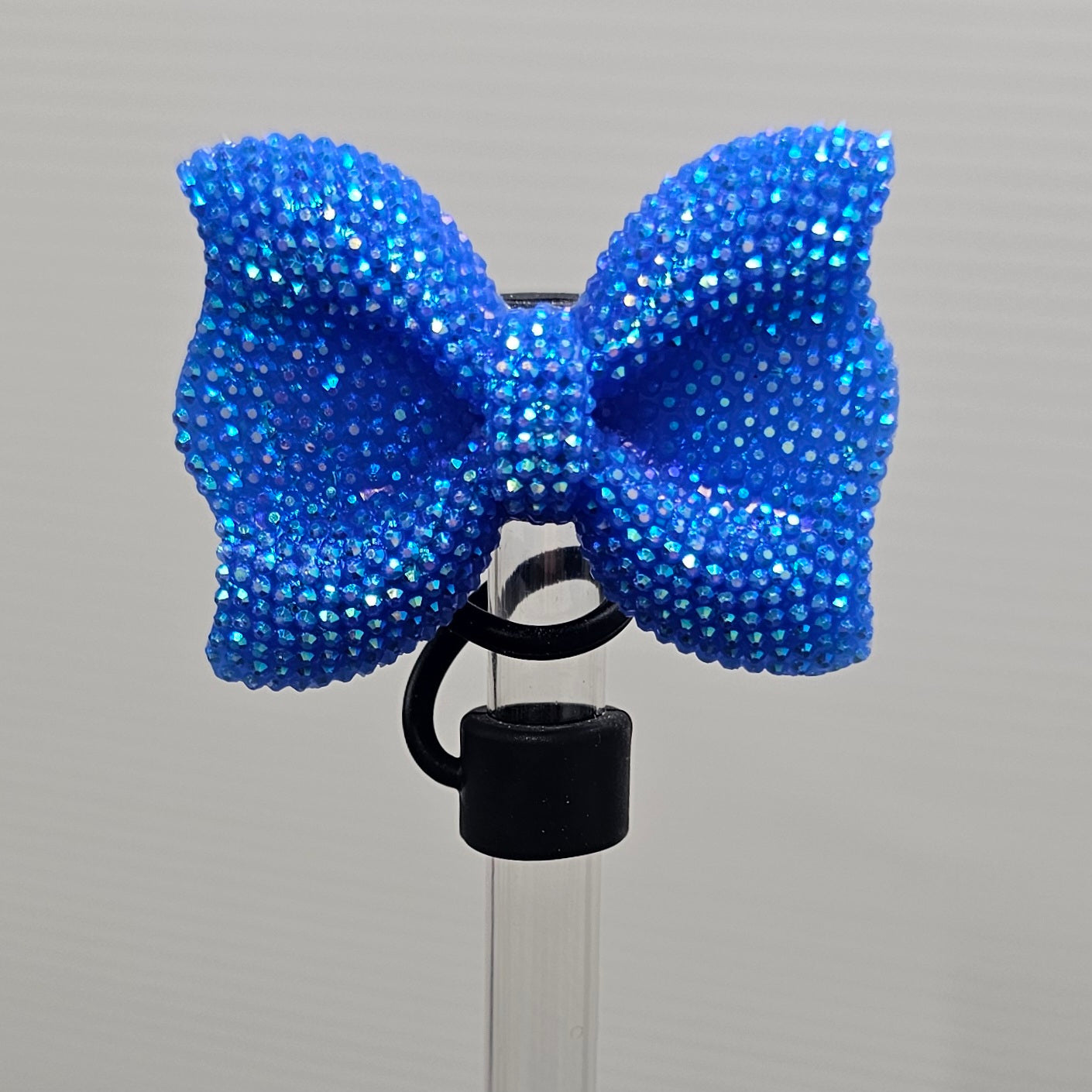 Blue Glitter Bow Tie with Black Silicone Straw Topper base  - Straw Cover  - Straw Topper 