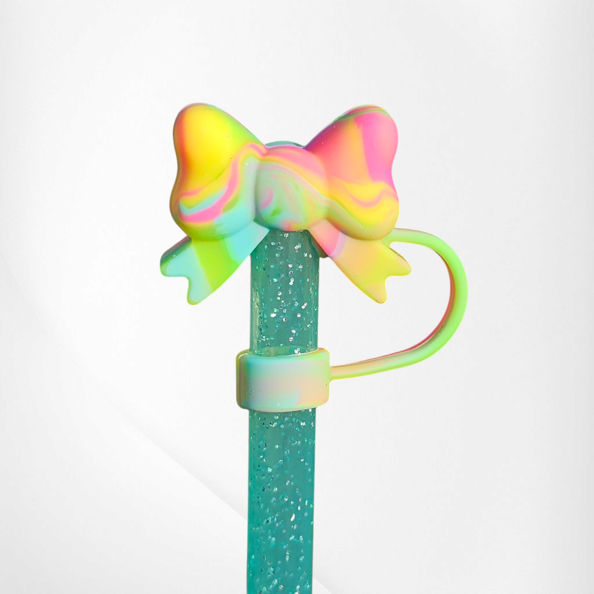 Tye-Die fun bow straw topper  - straw cover. Colors are pink, yellow, green, and Teal by Southern Creative Glamour 