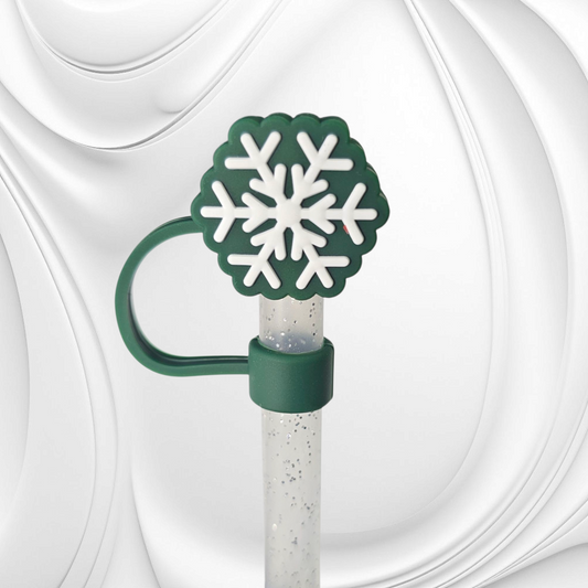 Pine Green and White Snowflake 3D Silicone Straw Topper. 