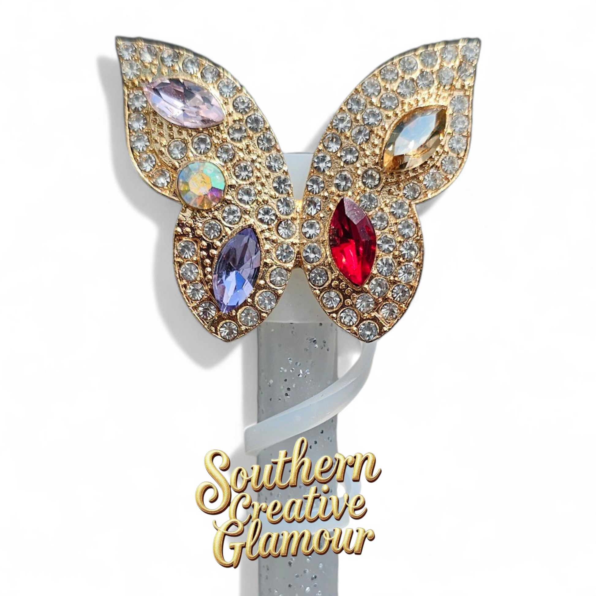 Gold Diamond Butterfly Silicone 10mm Straw Toppers by Southern Creative Glamour 