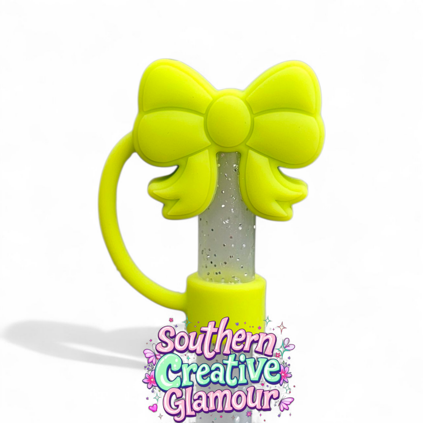 Lime Green Girly Coquette 3D Ribbon Bow Silicone 10mm Straw Toppers by Southern Creative Glamour 
