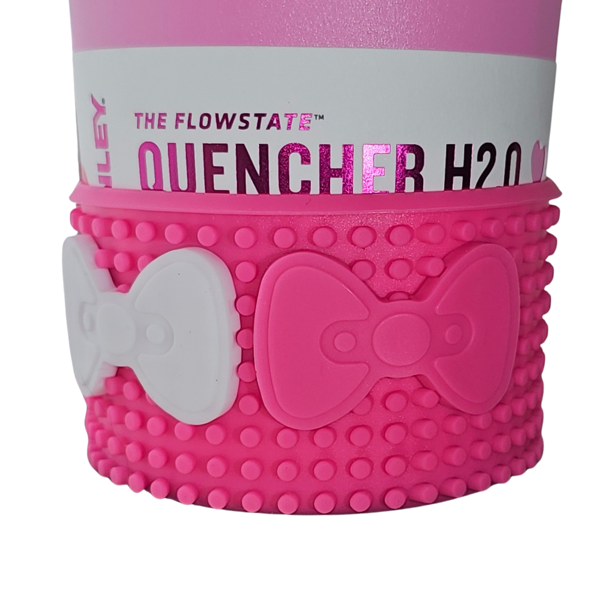 White and hot pink Silicone bows on Customizable Bow Silicone Tumbler Boot - Hot Pink. Demonstration 