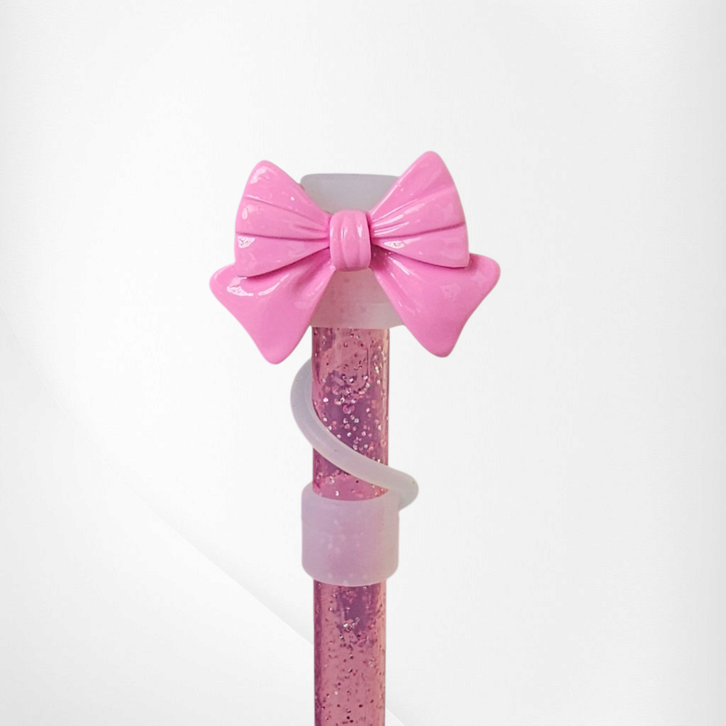 Pink bow with clear silicone straw topper base  - Straw Topper 