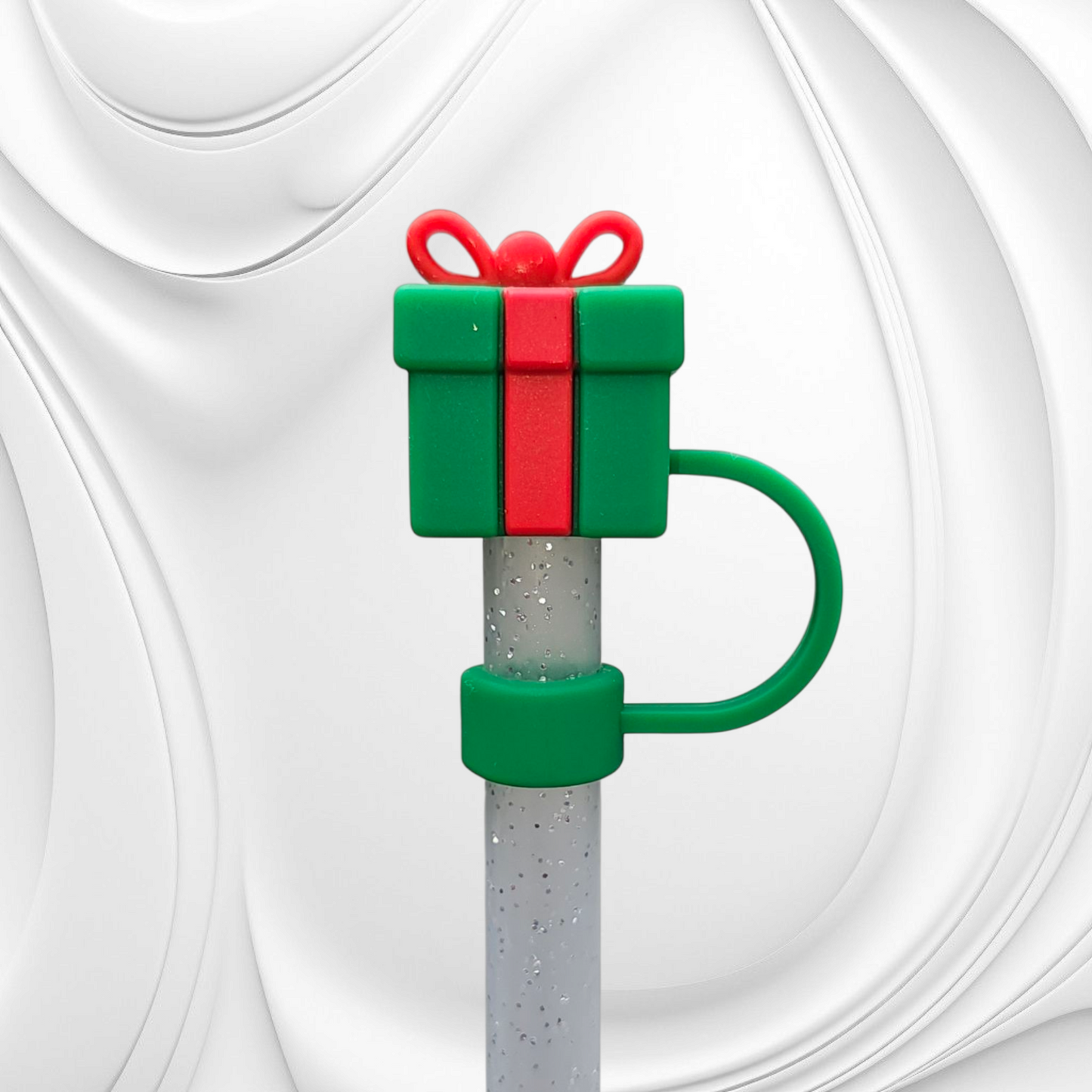Green and red Christmas Present 3D Silicone Straw Topper. 