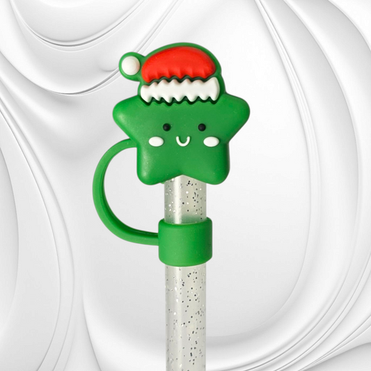 Green Star wearing red Santa Hat 3D Silicone Straw Topper. 