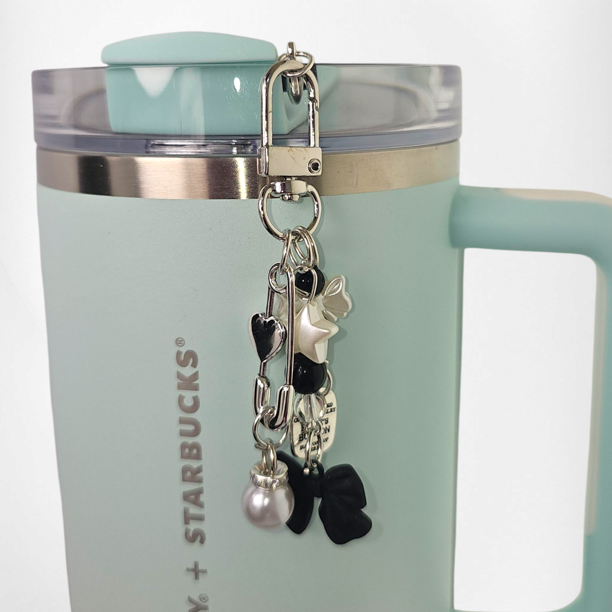 Black faux pearl ribbon tumbler charm