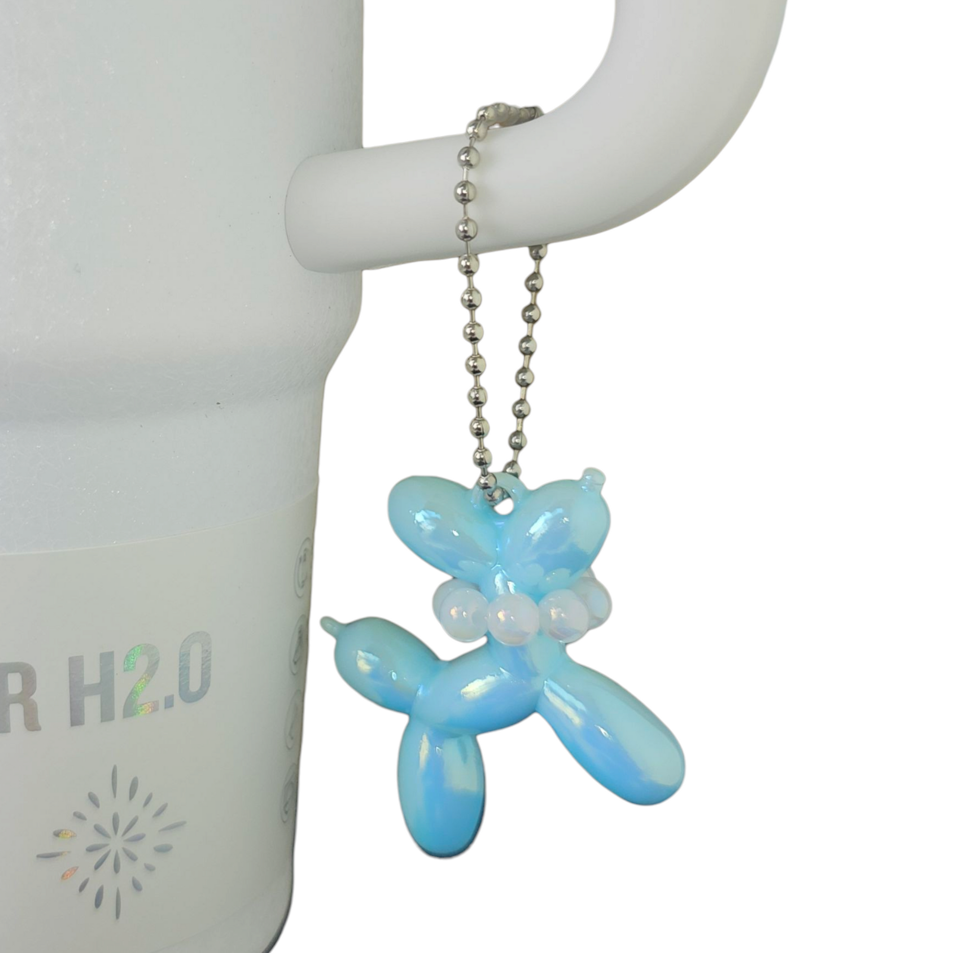 Iridescent Pearlescent Light Blue Balloon Dog Charm with Beaded Faux Pearl Necklace. 