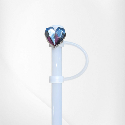 Silver Diamond Heart Silicone Straw Topper  - Straw Cover 