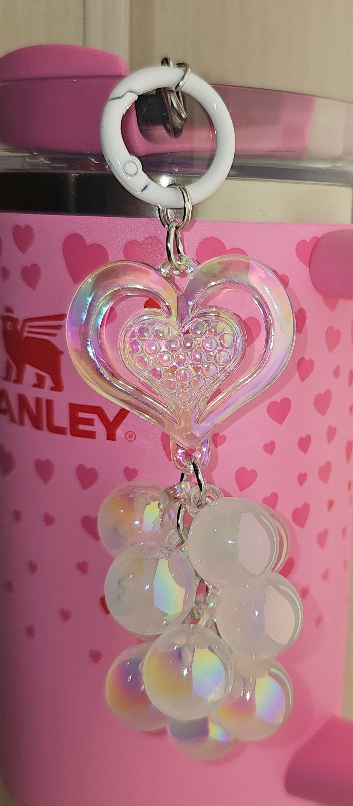 Iridescent Pearlescent Pearl white Heart and Jelly Beaded Charm Pendant. Use as tumbler straw charm, purse charm, bag charm, backpack charm, cellphone charm, or keychain charm. 