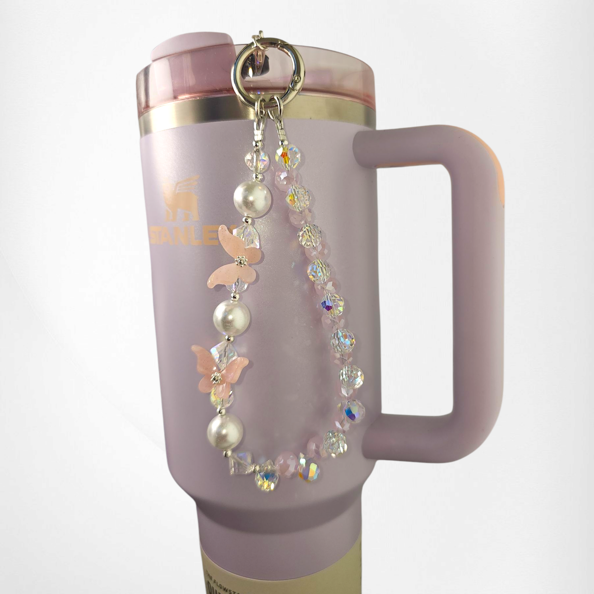 Crystal Beaded Butterfly Tumbler Charm Bracelet  - Pink