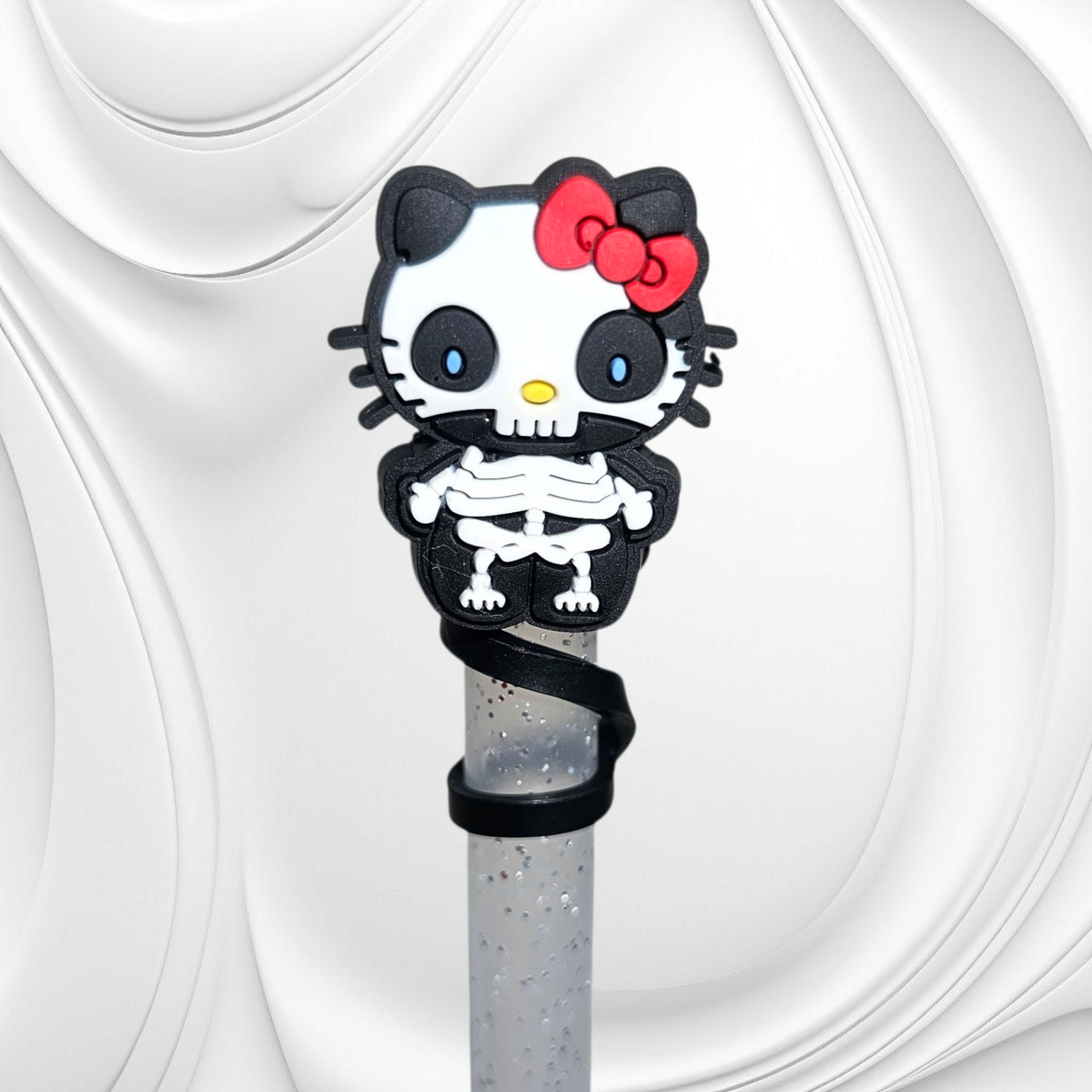 Skeleton Hello Kitty inspired Halloween Silicone Straw Topper. 
