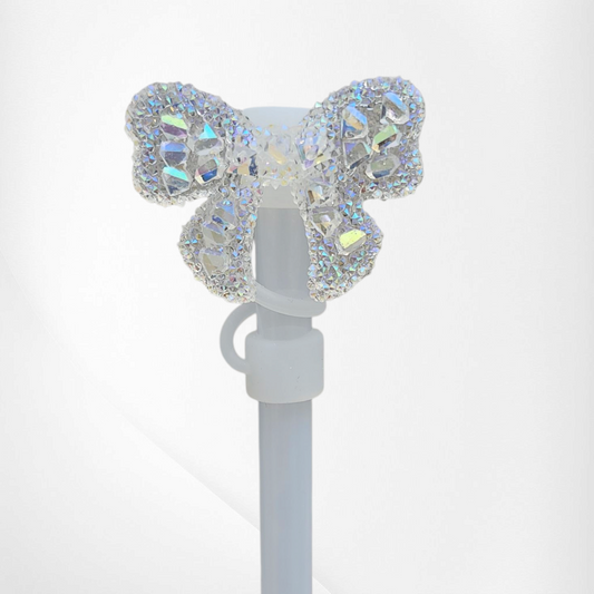 Clear Glitter Butterfly Ribbon Bow Silicone Straw Topper 