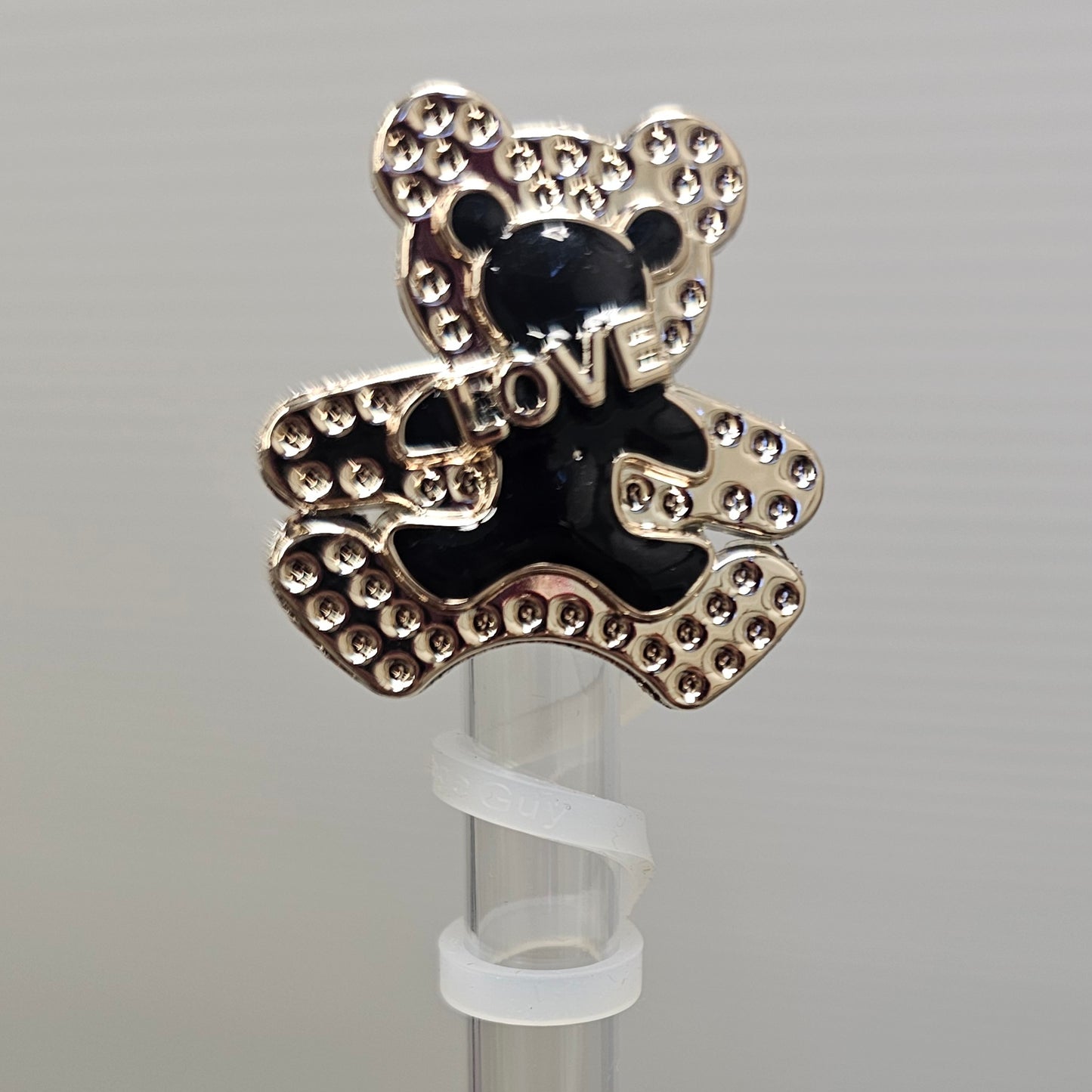 Shiny Black Teddy Bear with " Love " Silicone Straw Topper  - Straw Cover. Fits 10mm Straws. 