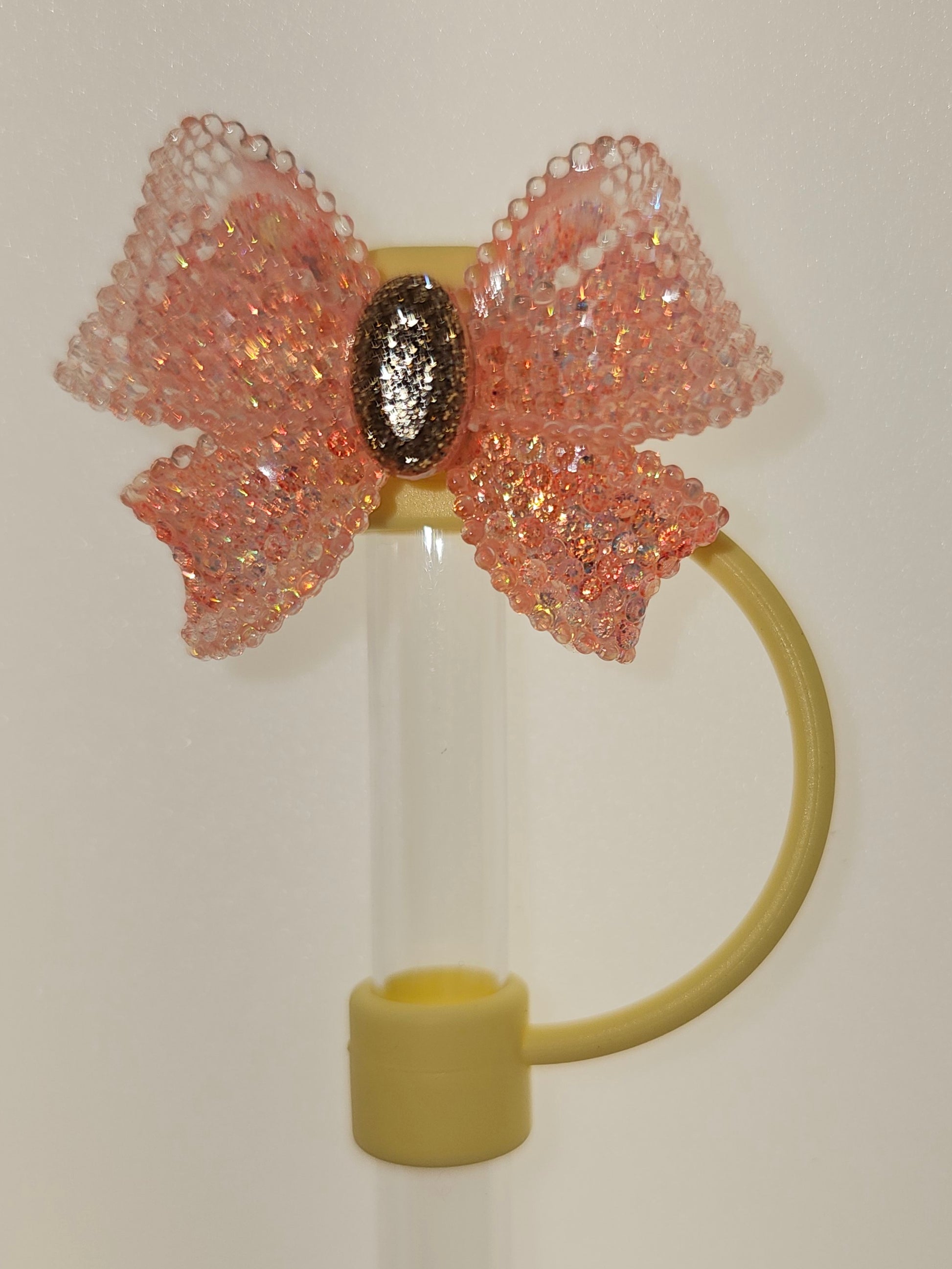 Coral Fusion  / Peaches N Cream Glitter and gold croquet ribbon bow silver straw topper  - straw cover 