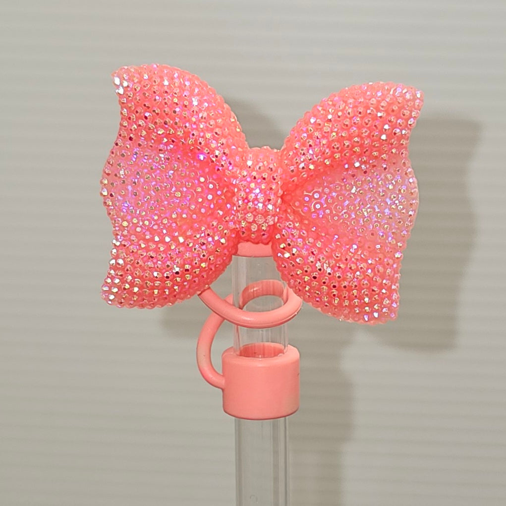 Coral Pink Glitter Bow with Coral Pink Silicone Straw Topper base. Straw Cover  - Straw Topper 