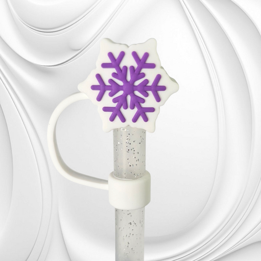 White and Purple Snowflake 3D Silicone Straw Topper. 