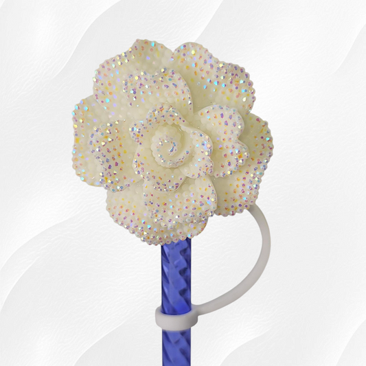 White Glitter Rose 8mm Straw Topper 