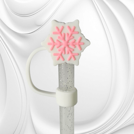 Pink and White Snowflake 3D Silicone Straw Topper. 