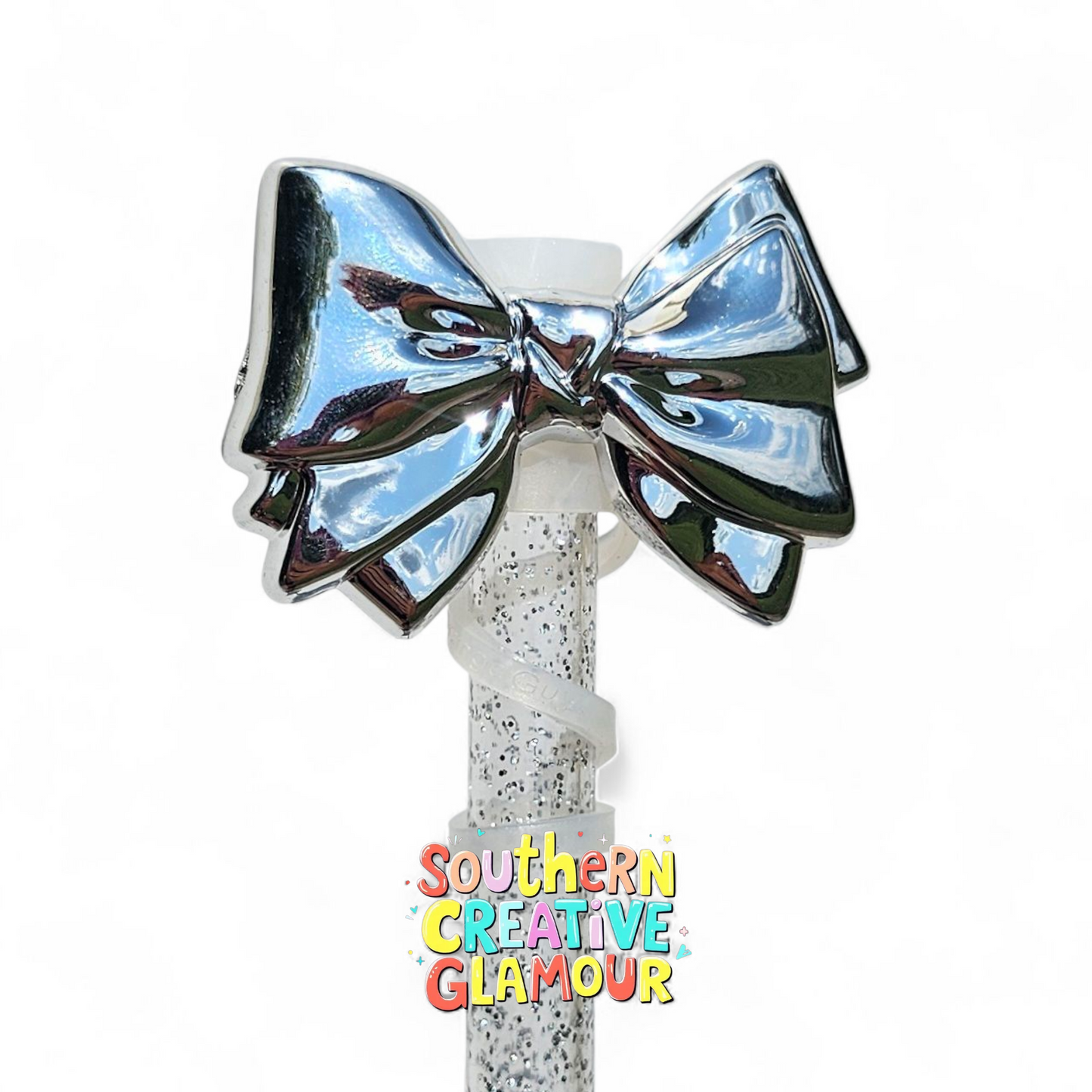 Silver Shiny Bow Tie Silicone 10mm Straw Toppers by Southern Creative Glamour 