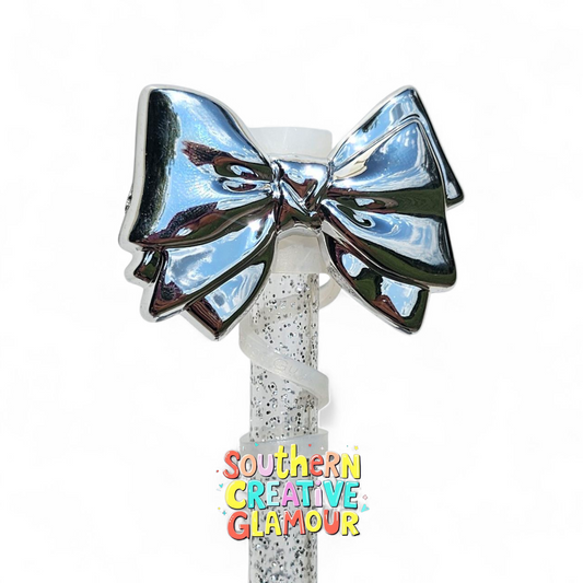 Silver Shiny Bow Tie Silicone 10mm Straw Toppers by Southern Creative Glamour 