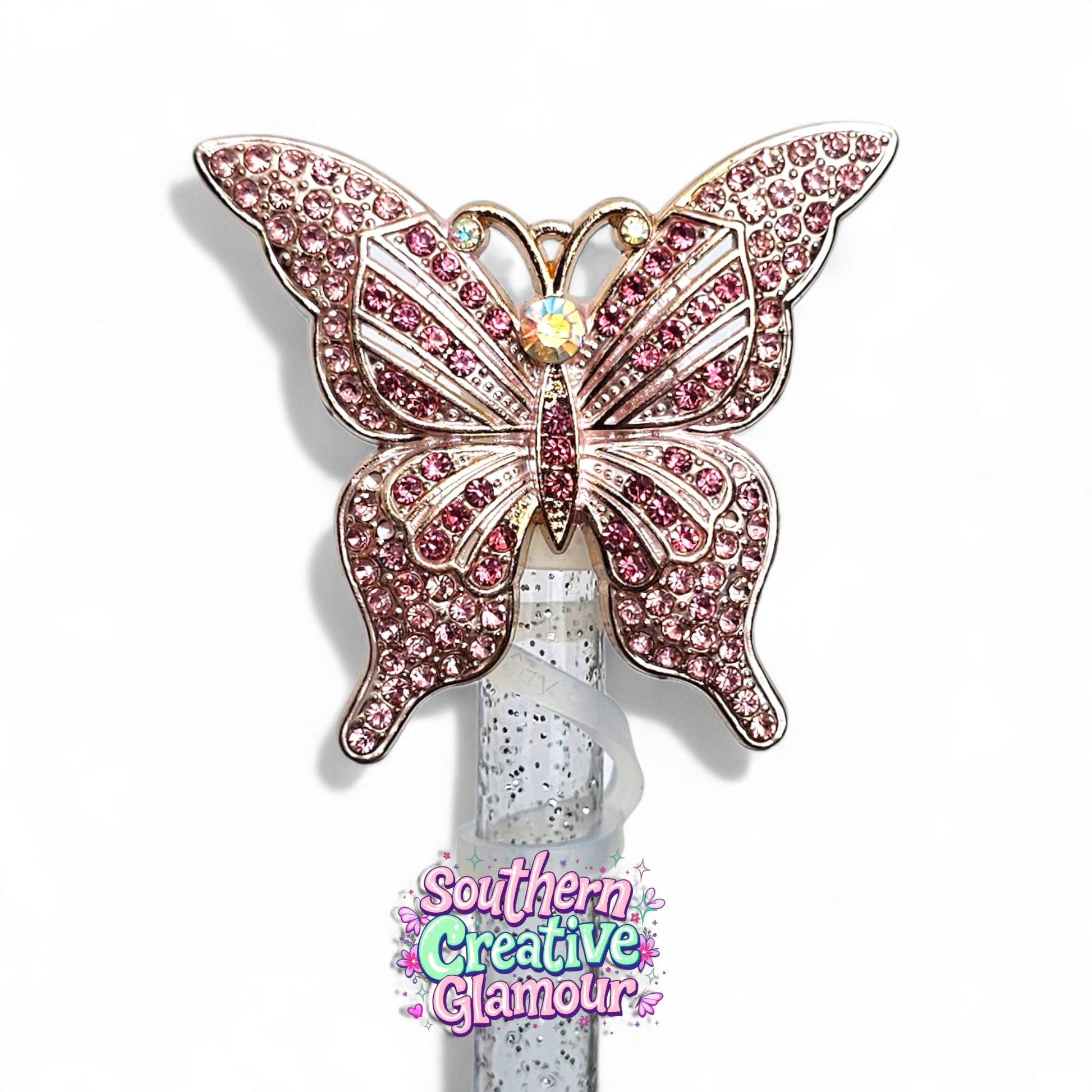 Pink and Gold Rhinestone Butterfly Straw Topper – 10mm Cup Charm by Southern Creative Glamour 