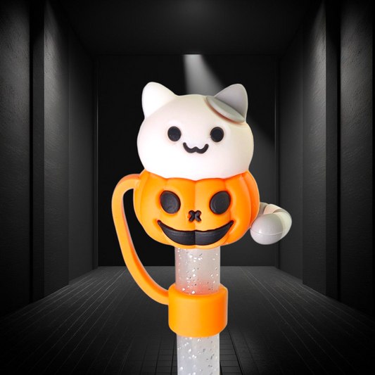 Cute Halloween Cat & Jack-o-Lantern 3D Silicone Straw Topper