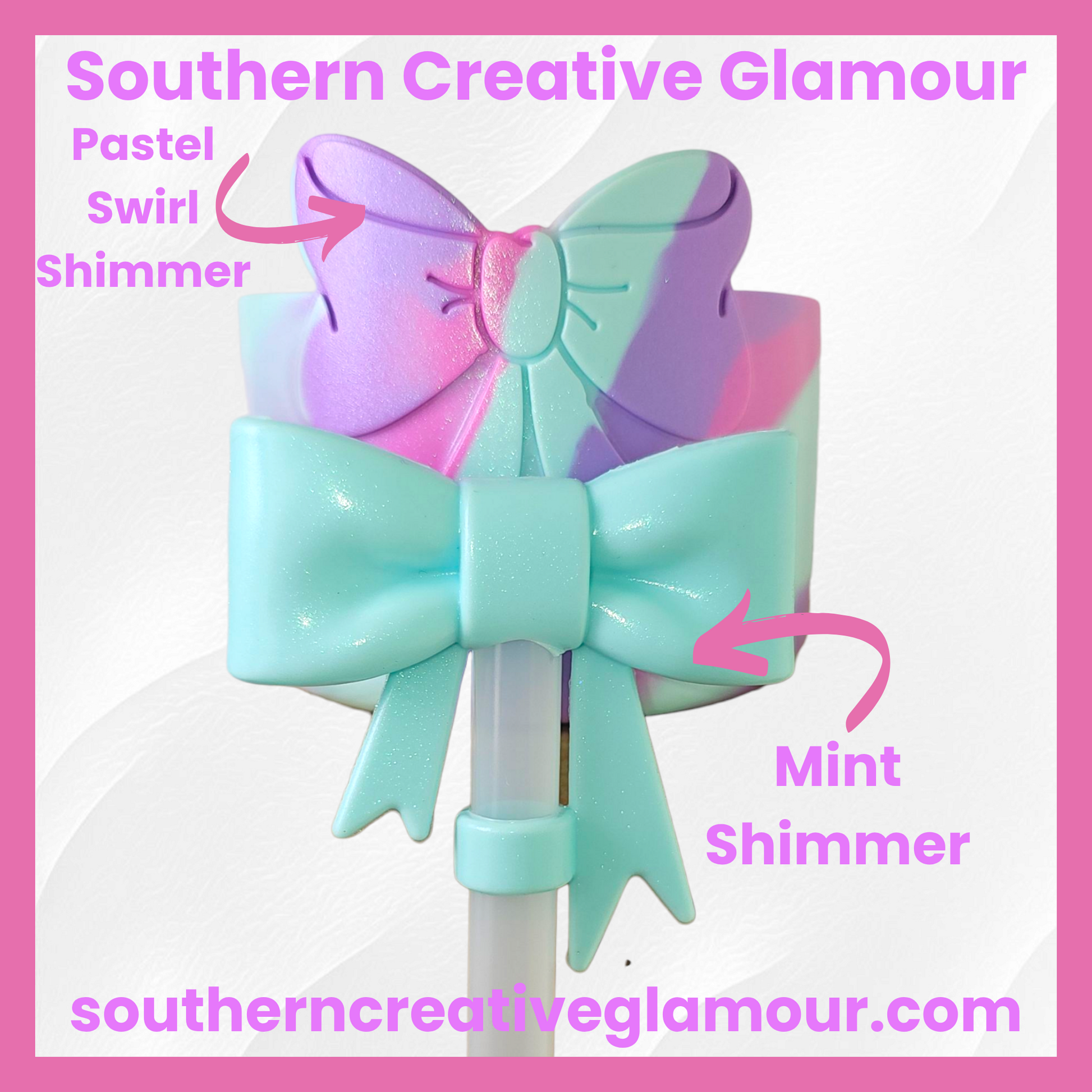 Pastel Swirl Shimmer Bow Silicone Tumbler Boot and Matching mint Shimmer bow silicone 10mm Straw Topper by Southern Creative Glamour 