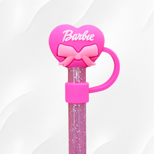 Pink heart with bow 10mm 3D Silicone Straw Topper. 