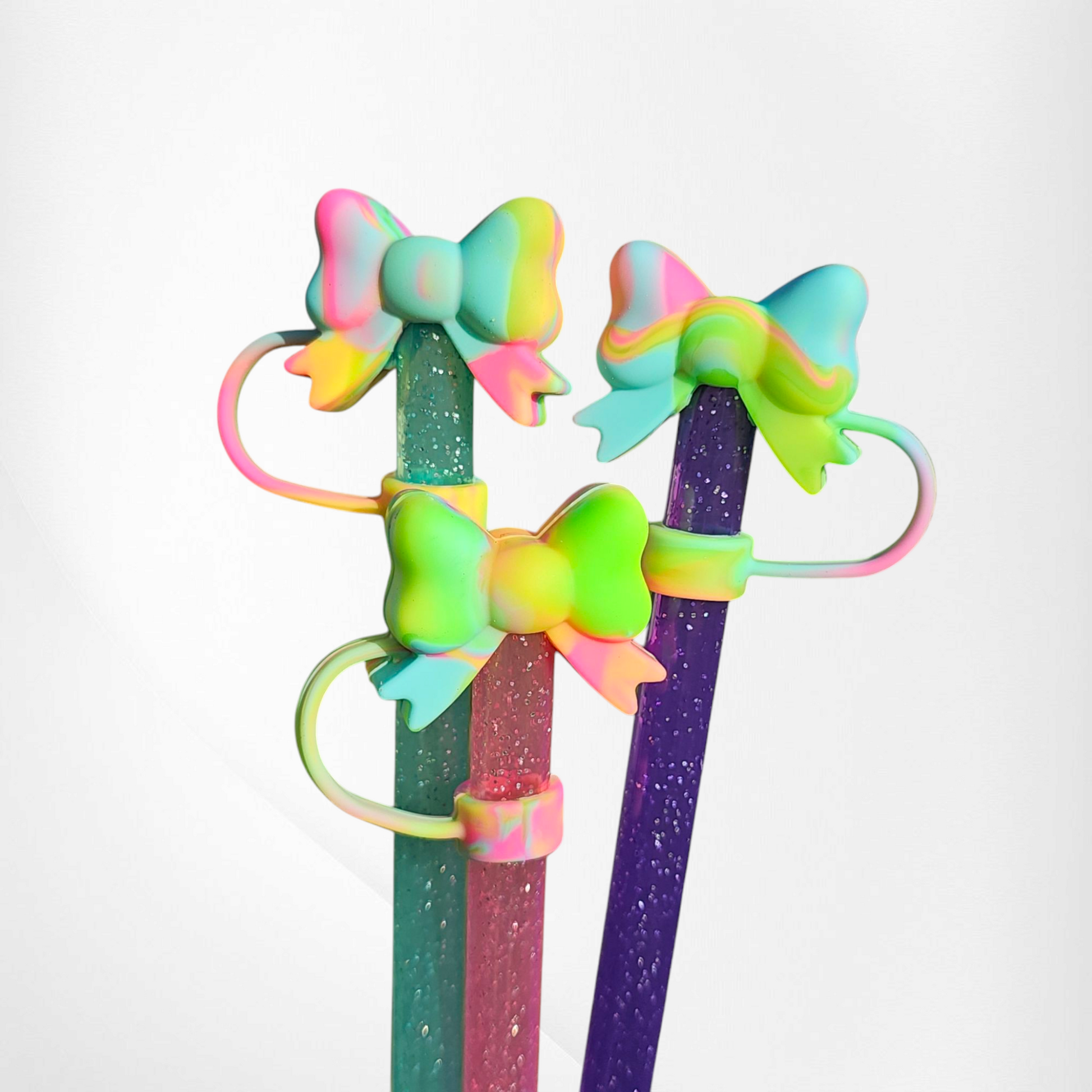 Tye-Die fun bow straw topper  - straw cover. Colors are pink, yellow, green, and Teal by Southern Creative Glamour. 