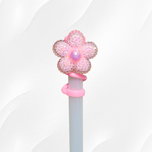 Pink Glitter Daisy Flower Silicone Straw Topper  - Straw Cover. 