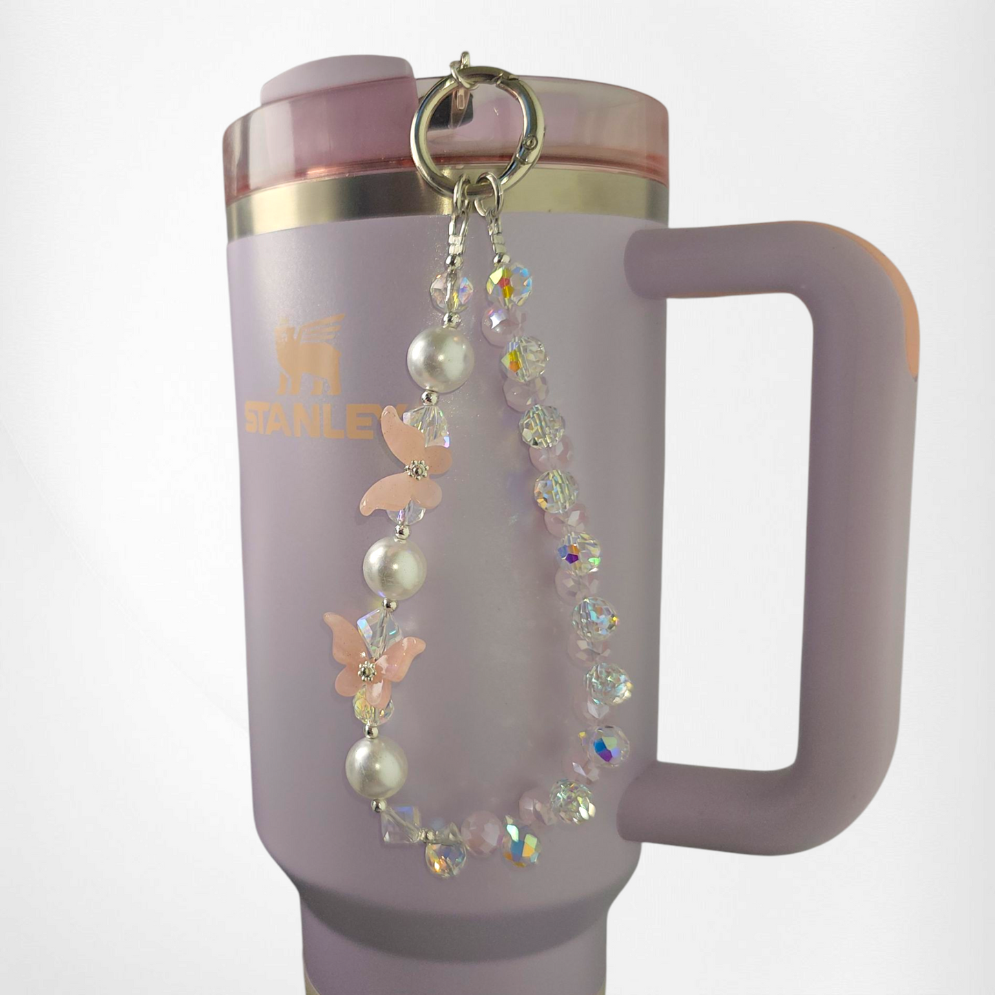 Crystal Beaded Butterfly Tumbler Charm Bracelet  - Pink