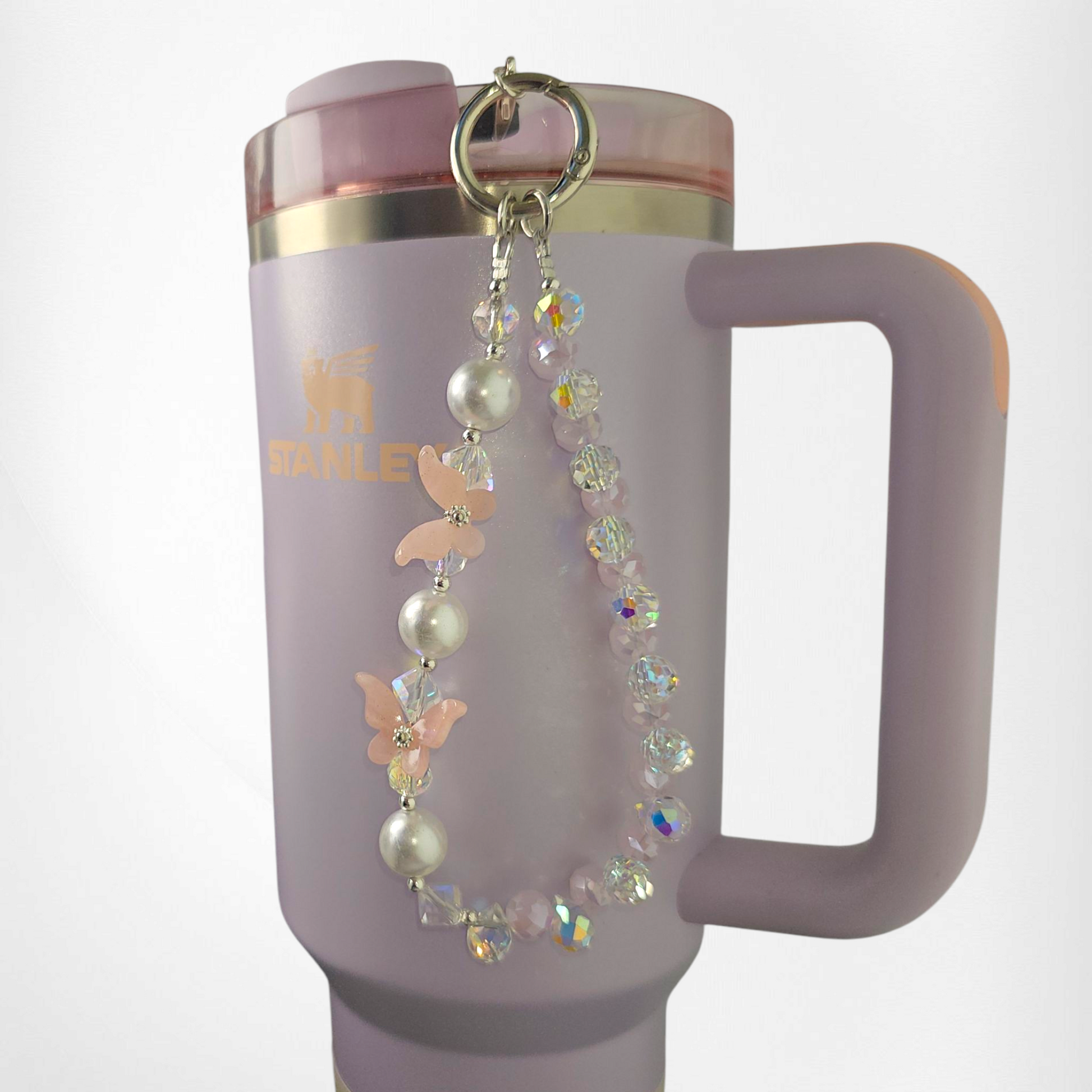 Crystal Beaded Butterfly Tumbler Charm Bracelet  - Pink