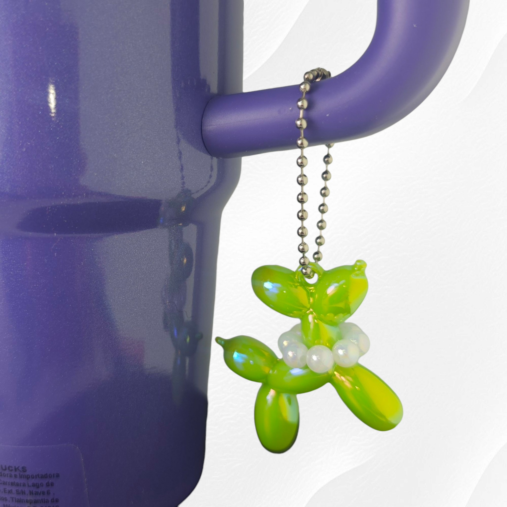 Iridescent Pearlescent Spring Green Balloon Dog Charm with Beaded Faux Pearl Necklace. 
