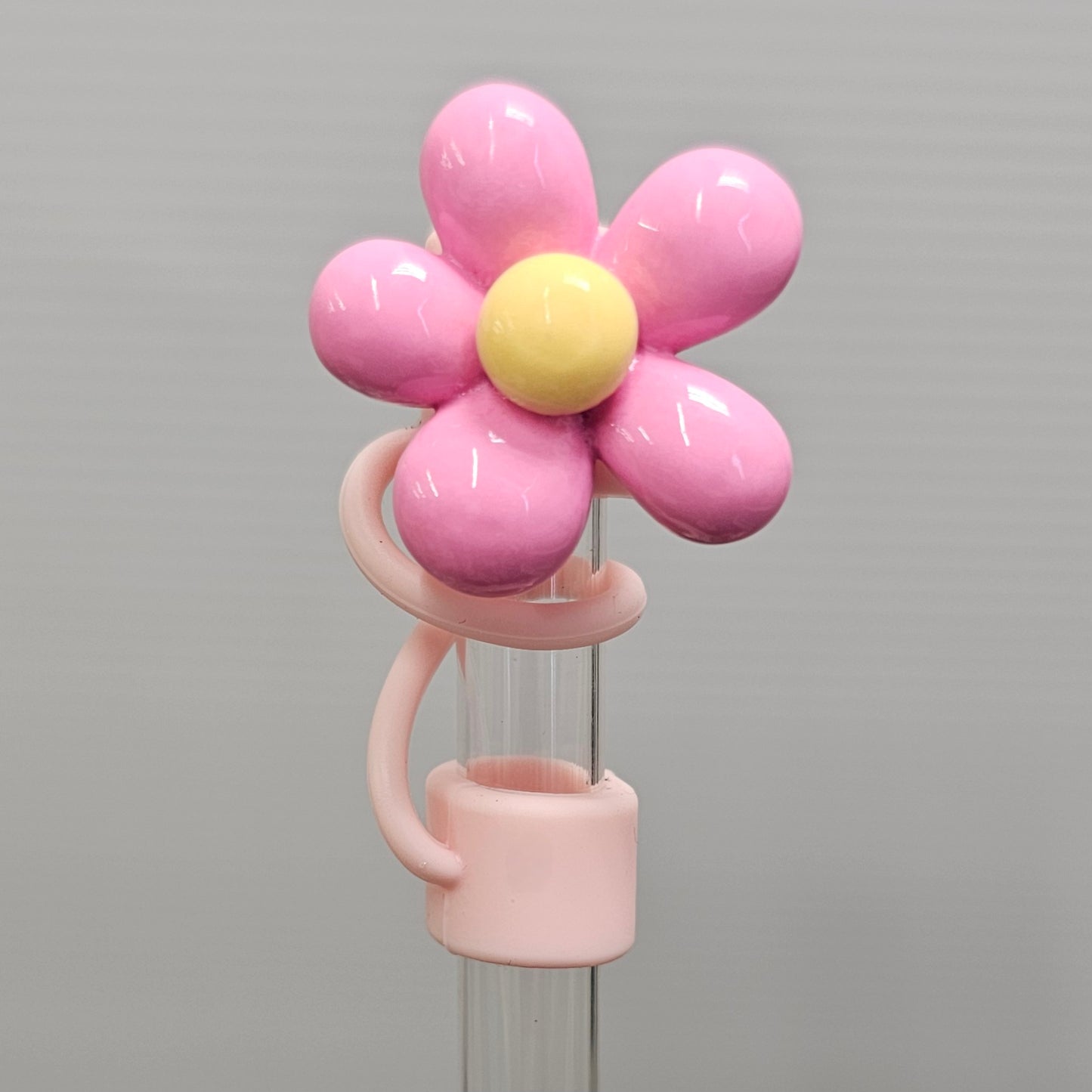 Hot Pink daisy Flower with ligh pink silicone straw topper base - Straw Topper  - Straw Cover  - Straw Cap. Fits 10mm and Stanley Straws. 