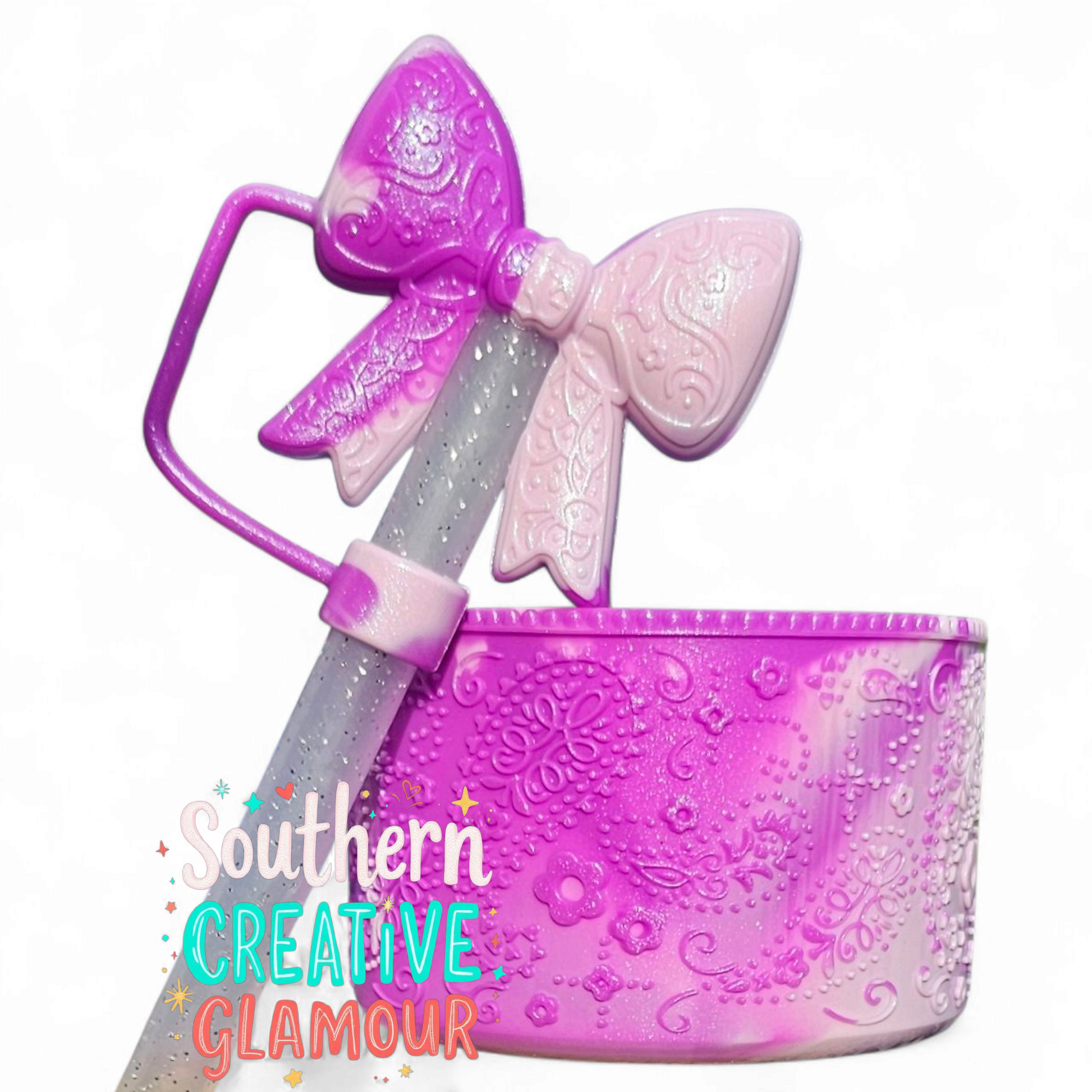 Purple Swirl Shimmer Silicone Tumbler Boot with 3D Textured Floral and Paisley Design and 3D Bow Straw Topper by Southern Creative Glamour. 
