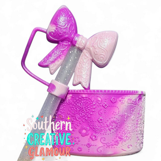 Purple Swirl Shimmer Silicone Tumbler Boot with 3D Textured Floral and Paisley Design and 3D Bow Straw Topper by Southern Creative Glamour. 